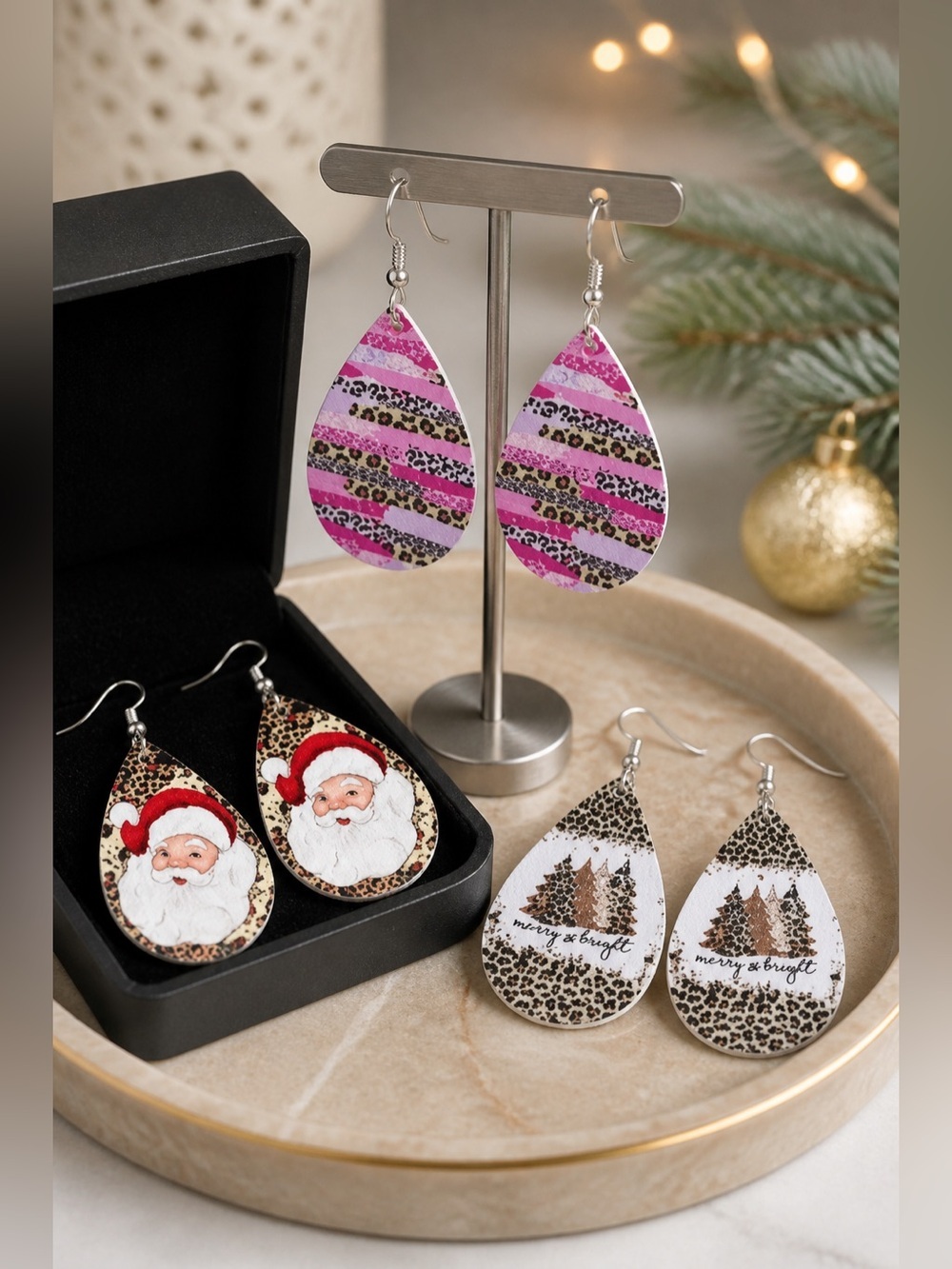NWT 3 Pair Holiday Santa Tree Pink Leopard Earrings Leather Christmas
